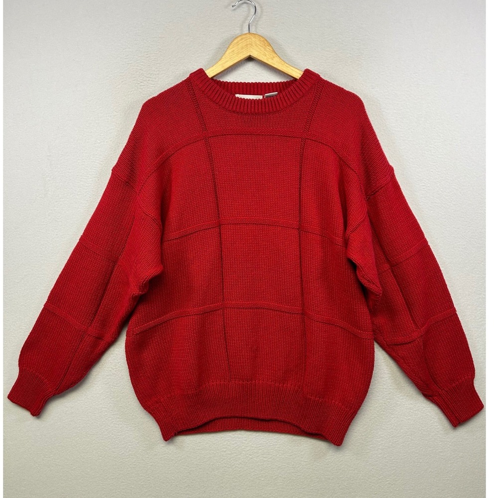 Vintage Grandpacore Brian MacNeil Mens XL Red Textured Grid Cotton Knit Sweater